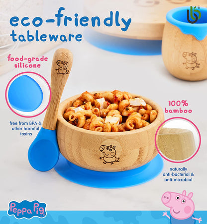 Peppa Pig de Sucção Tigela para Bebê -Bebê de Tigela e Colher para Conjunto de Bambu com Ventosa de Silicone Removível para Crianças | 350ml | Não Tóxico | Legal ao toque | Ideal para Baby-Led Weaning (George Pig)