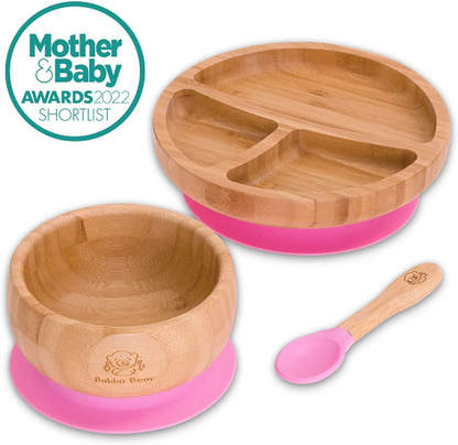 Bubba Bear ® Conjunto de desmame do bebê | Pratos, Tigelas e Colheres de Bambu para Alimentação Led de Crianças | Conjuntos de prato de sucção, tigela e colher para bebês a partir de 6 meses | Babete BLW infantil combinando opcional