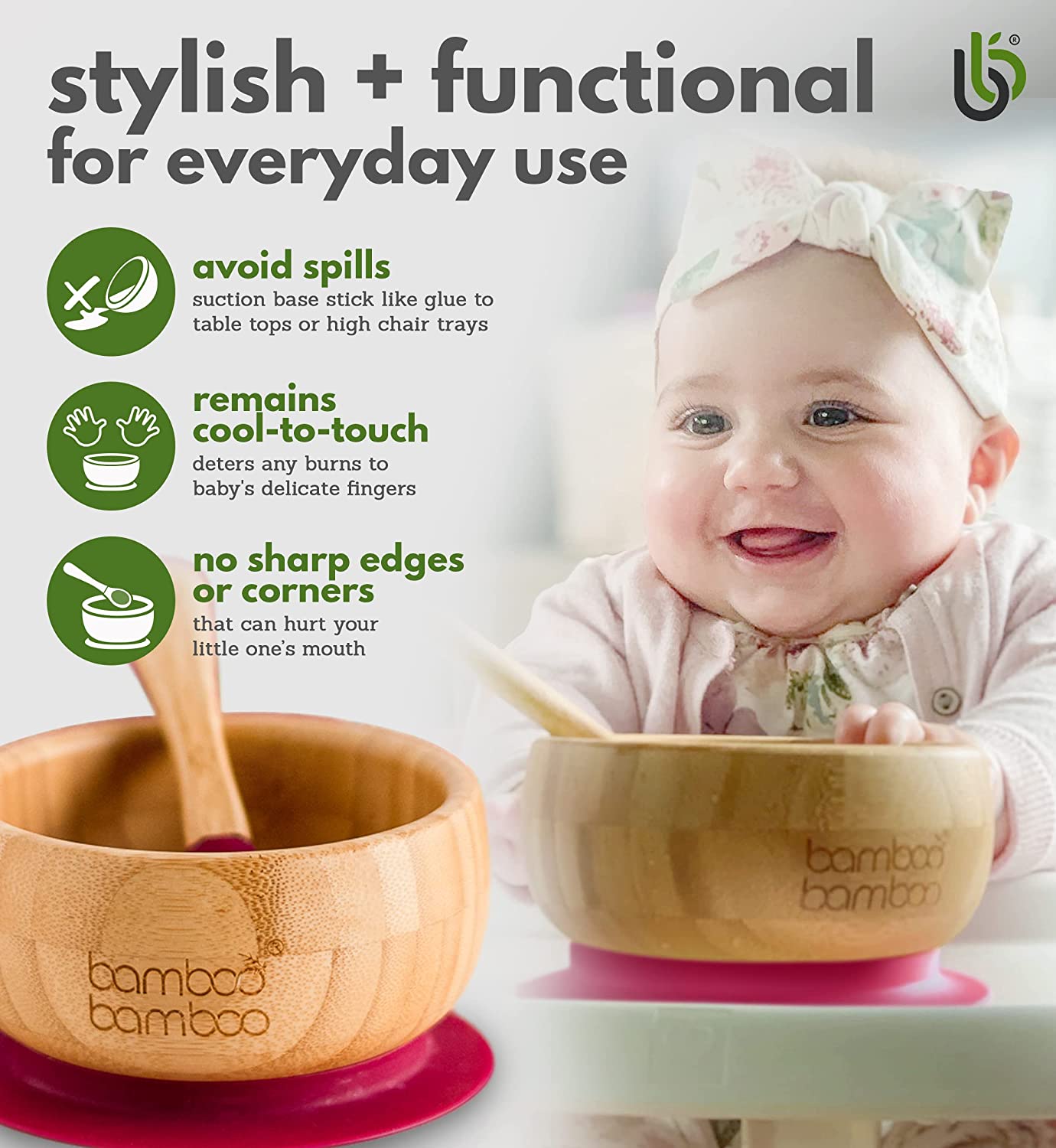 bamboo bamboo de Sucção Tigela para Bebê de Bambu de Colher e Tigela com Ventosa de Silicone Removível para Crianças | 350ml | Não Tóxico | Legal ao toque | Ideal para Baby-Led Weaning