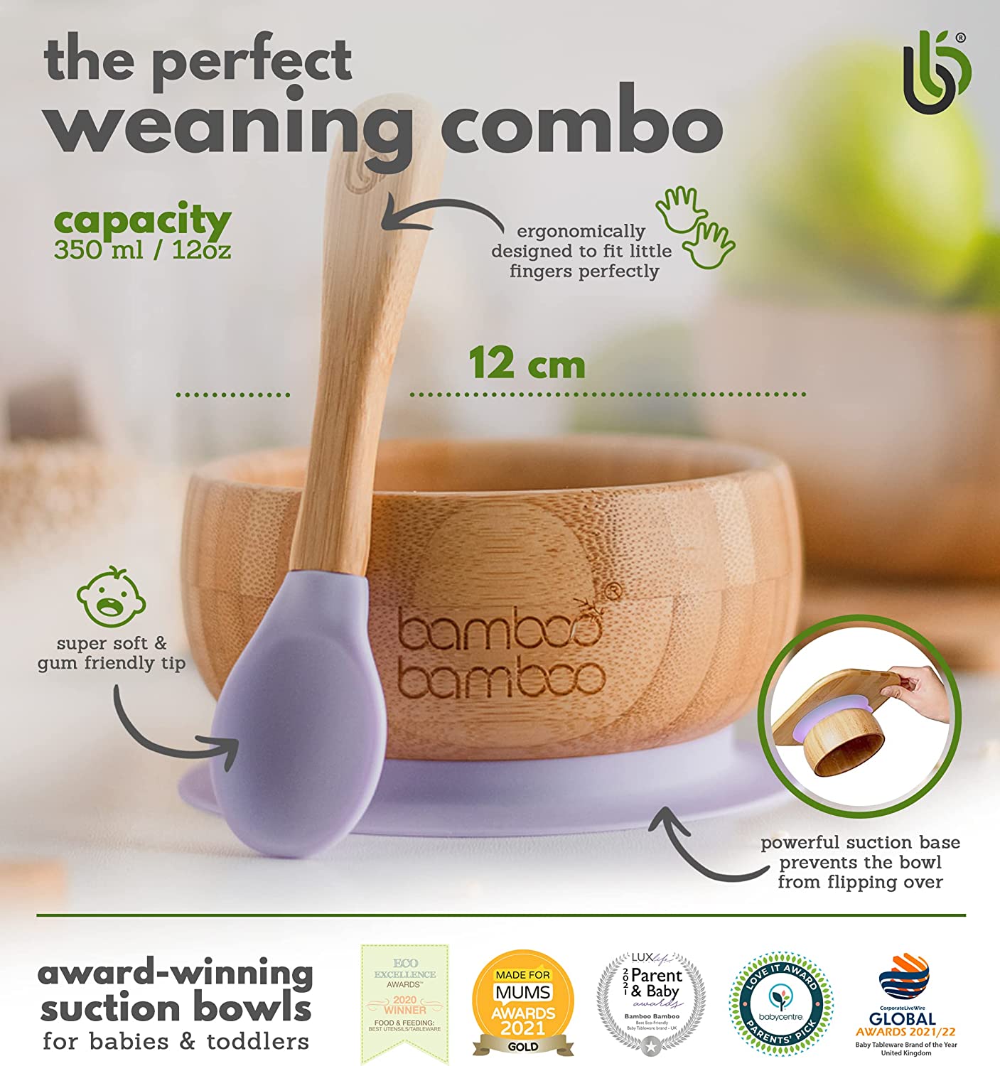 bamboo bamboo de Sucção Tigela para Bebê de Bambu de Colher e Tigela Conjunto com Ventosa de Silicone Removível para Crianças | 350ml | Não Tóxico | Legal ao toque | Ideal para Baby-Led Weaning