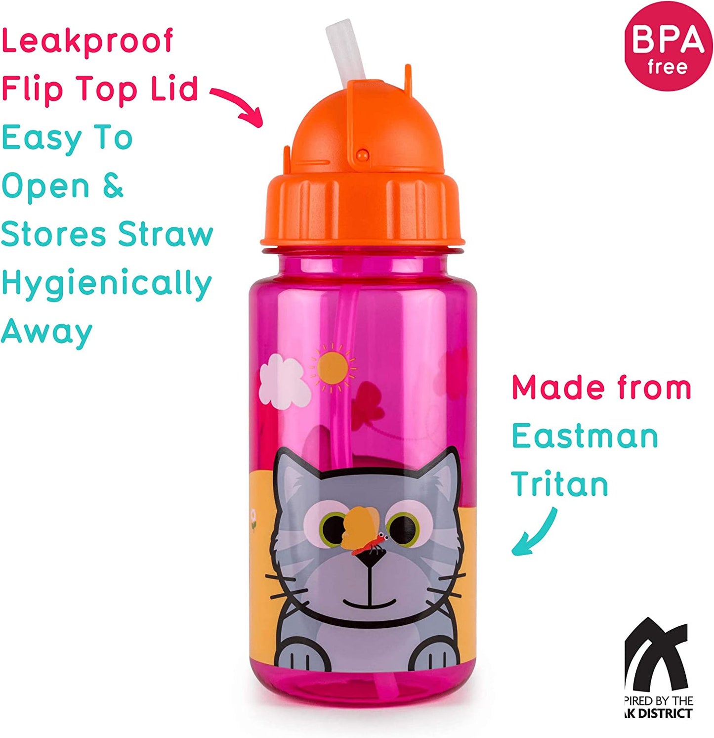 TUM TUM - Botella de agua infantil con tapa abatible y pajita Bluebell the Cat