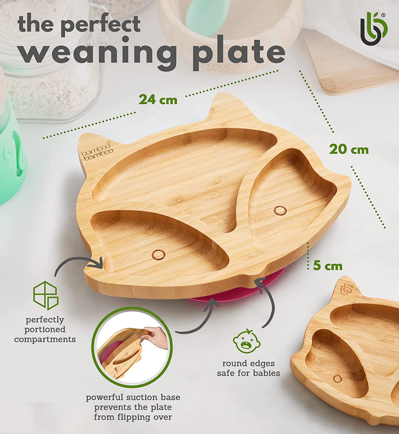 bamboo bamboo Placa de Bambu para Bebês – Crianças e Crianças com Ventosa para Bebês | Não Tóxico | Legal ao toque | Ideal para Baby-Led Weaning (Fox, Orange)