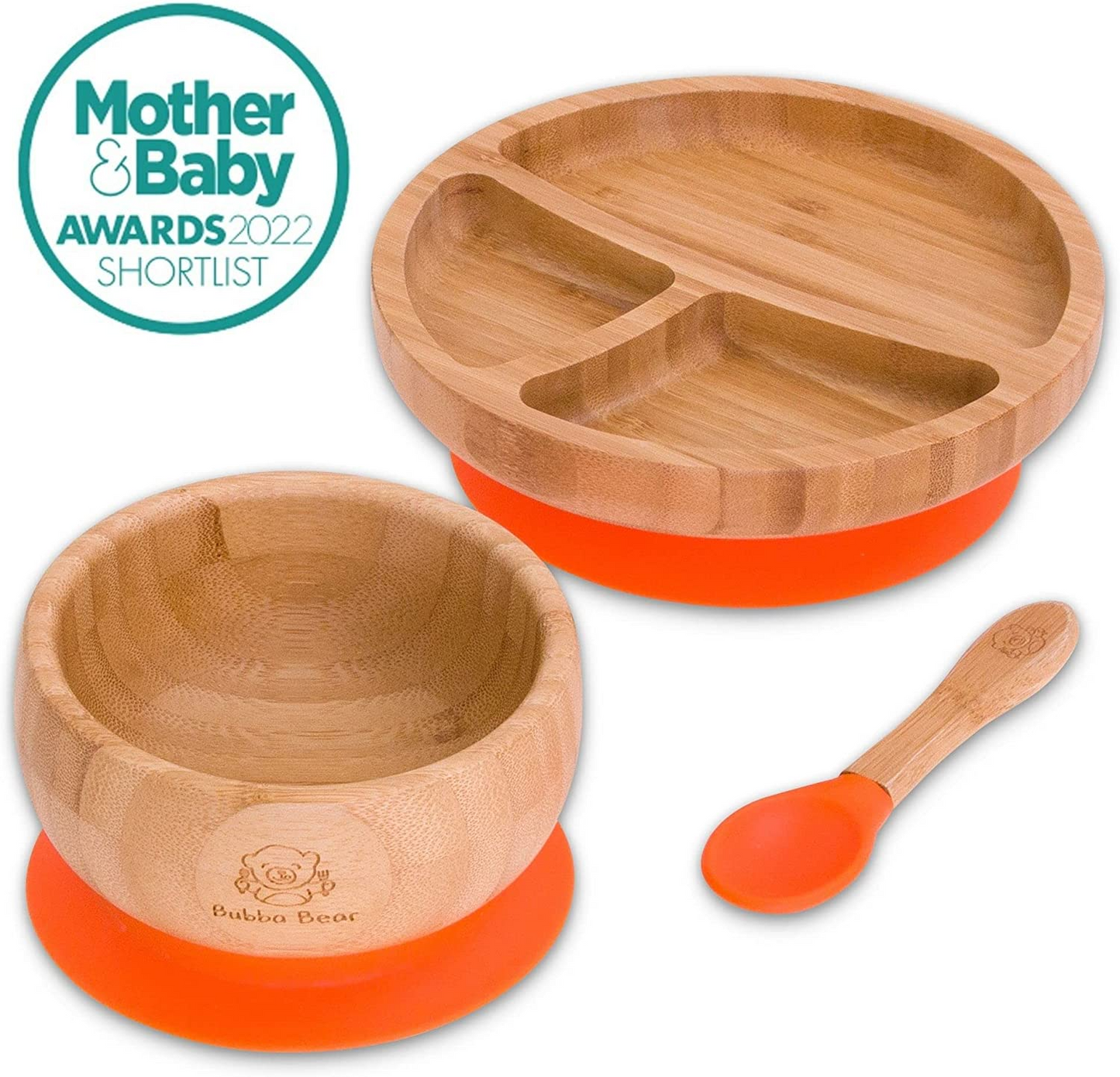 Bubba Bear ® Conjunto de desmame do bebê | Pratos, Tigelas e Colheres de Bambu para Alimentação Led de Crianças | Conjuntos de prato de sucção, tigela e colher para bebês a partir de 6 meses | Babete BLW infantil combinando opcional