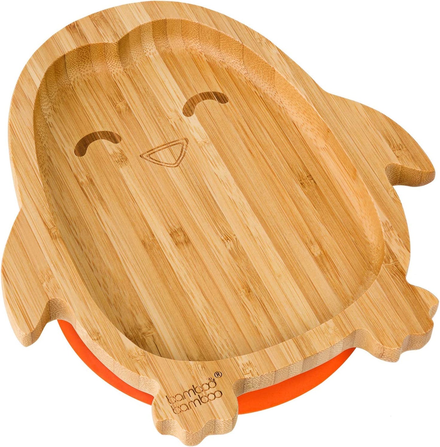 bamboo bamboo de Bambu para Bebês Placa – Crianças e Crianças com Ventosa para Bebês | Não Tóxico | Legal ao toque | Ideal para Baby-Led Weaning (Penguin, Laranja)