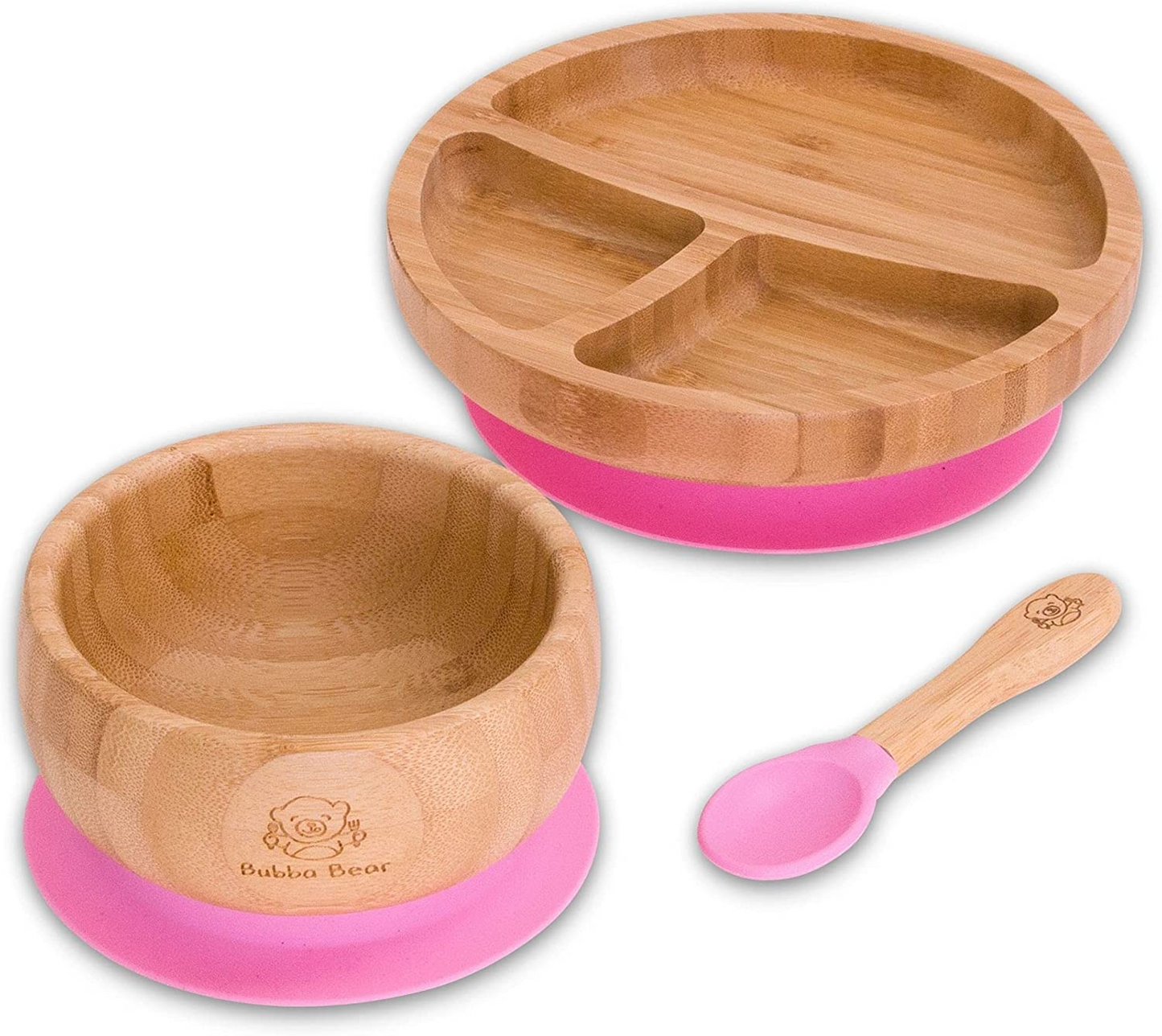 Bubba Bear ® Conjunto de desmame do bebê | Pratos, Tigelas e Colheres de Bambu para Alimentação Led de Crianças | Conjuntos de prato de sucção, tigela e colher para bebês a partir de 6 meses | Babete BLW infantil combinando opcional