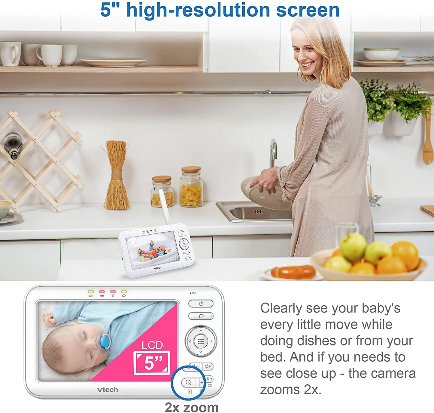 Vtech VM5463-2 Video Baby Monitor LCD de 5" com 2 câmeras, bateria 12 horas. Modo de vídeo, Pan Tilt Zoom, luz noturna colorida, projeção de brilho no teto, recursos ativados por som, conversa bidirecional