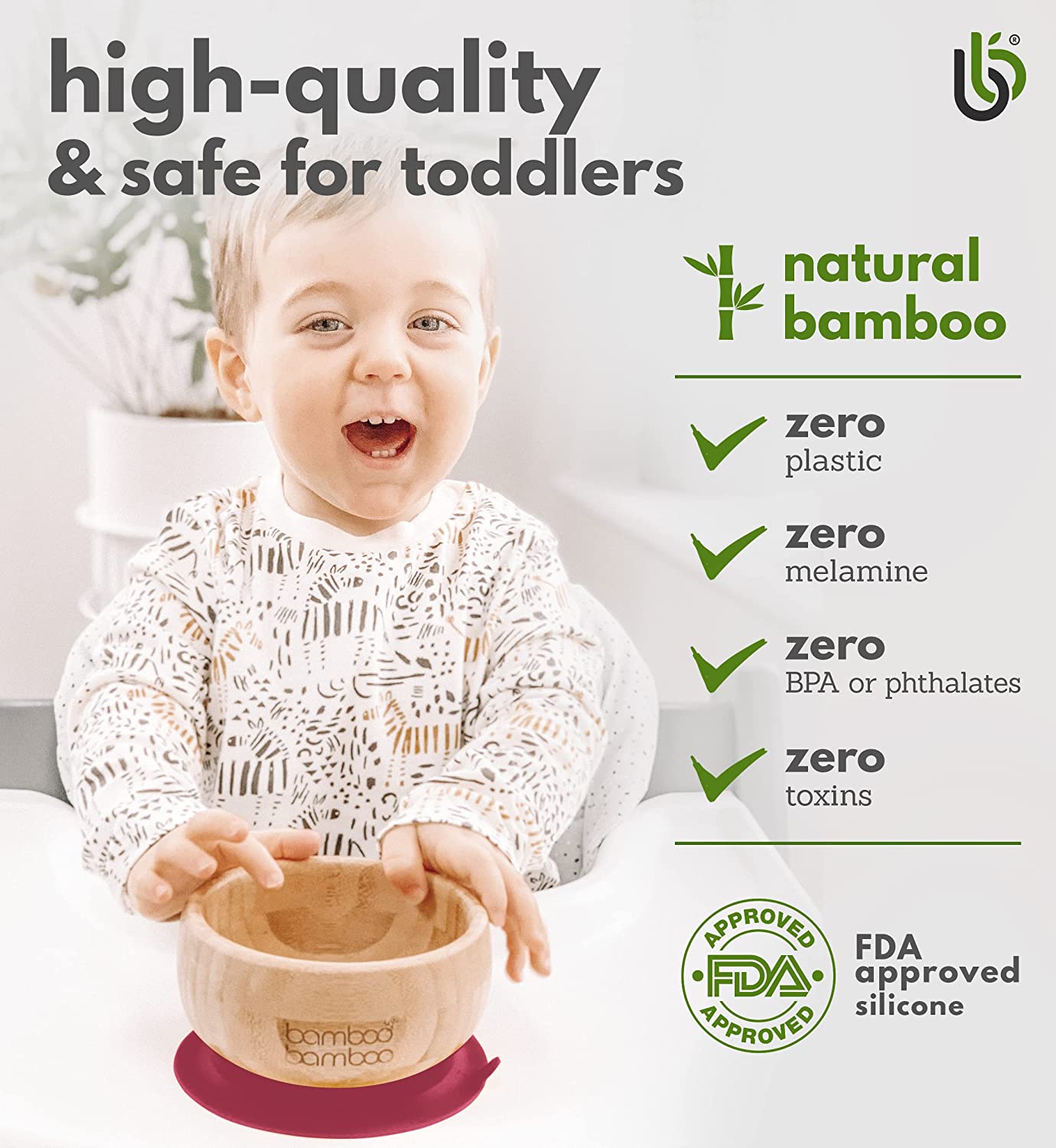 bamboo bamboo de Sucção Tigela para Bebê de Bambu de Colher e Tigela com Ventosa de Silicone Removível para Crianças | 350ml | Não Tóxico | Legal ao toque | Ideal para Baby-Led Weaning