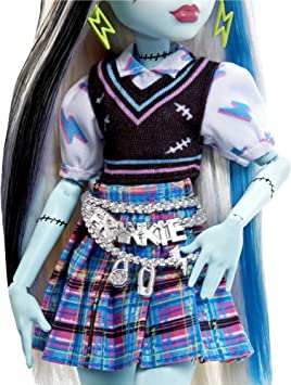 Monster High Doll , Frankie Stein com Acessórios e Animal de Estimação, Boneca Fashion Posável com Cabelo Mechas Azul e Preto, HHK53