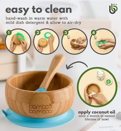 bamboo bamboo de Sucção Tigela para Bebê - de Bambu de Colher e Tigela Conjunto com Ventosa de Silicone Removível para Crianças | 350ml | Não Tóxico | Legal ao toque | Ideal para Baby-Led Weaning