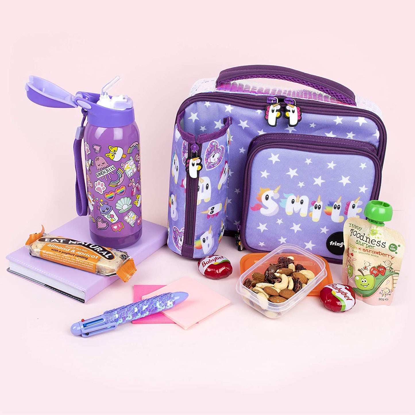 Fringoo - de grande capacidade crianças de almoço quadrado para Saco| Pequena bolsa legal lancheira para crianças | Perfeito como lancheira escolar para Meninas - Sorria