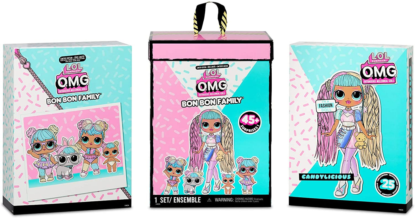 Familia LOL Surprise OMG Bon Bon con más de 45 sorpresas que incluyen Candylicious OMG Doll, Bon Bon, Bling Bon Bon, Lil Bon Bon, Hop Hop, accesorios y juego plegable 