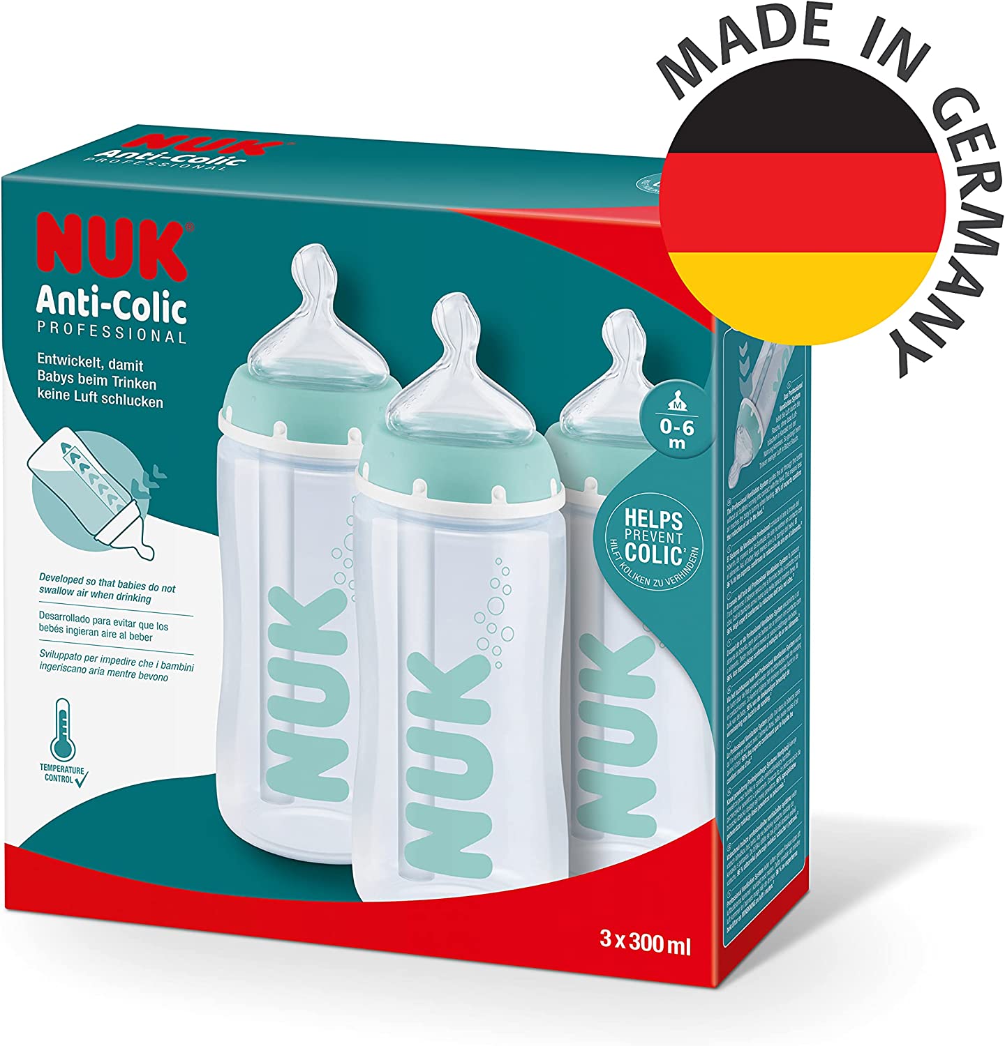 NUK First Choice+ Kit Biberón Profesional Anticólicos con Control de Temperatura 0-6 meses 3x 300ml