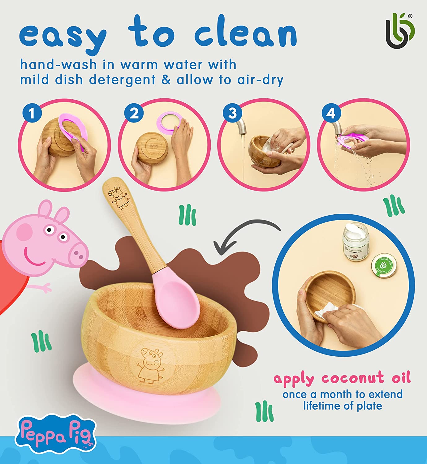 Peppa Pig para Bebê de Sucção Tigela – de Bambu Bebê com Ventosa de Silicone Removível de Tigela e Colher para Conjunto para Crianças| 350ml | Não Tóxico | Legal ao toque | Ideal para Baby-Led Weaning (Peppa Pig)