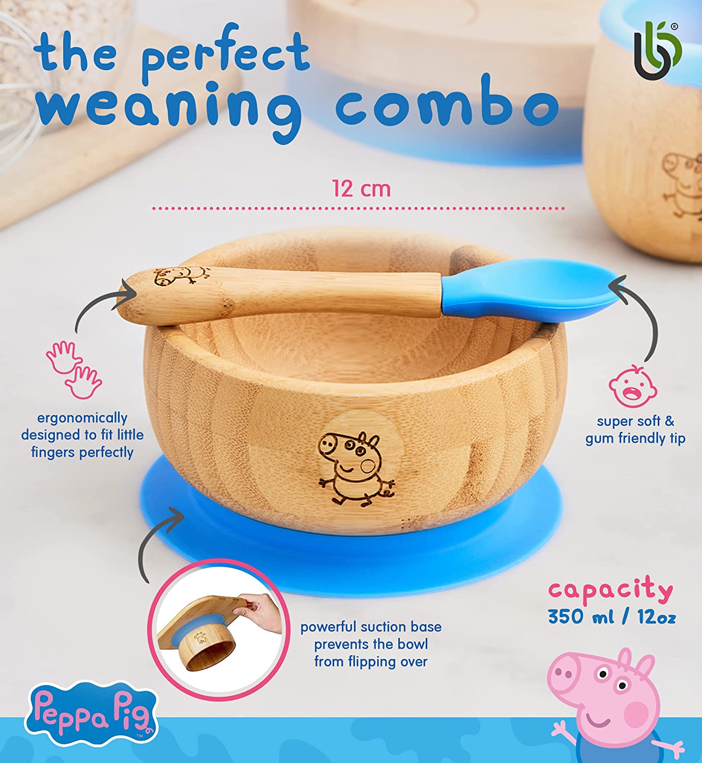 Peppa Pig de Sucção Tigela para Bebê -Bebê de Tigela e Colher para Conjunto de Bambu com Ventosa de Silicone Removível para Crianças | 350ml | Não Tóxico | Legal ao toque | Ideal para Baby-Led Weaning (George Pig)