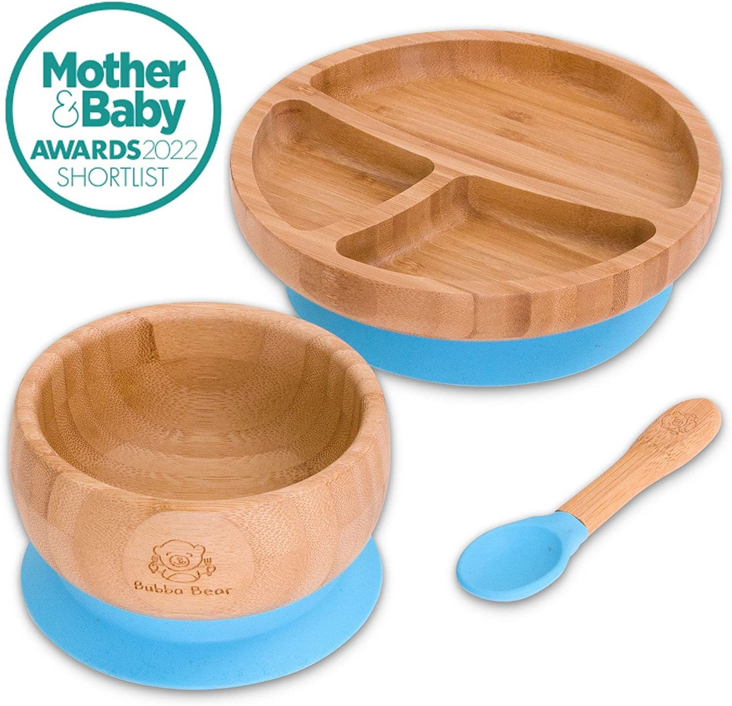 Bubba Bear ® Conjunto de desmame do bebê | Pratos, Tigelas e Colheres de Bambu para Alimentação Led de Crianças | Conjuntos de prato de sucção, tigela e colher para bebês a partir de 6 meses | Babete BLW infantil combinando opcional