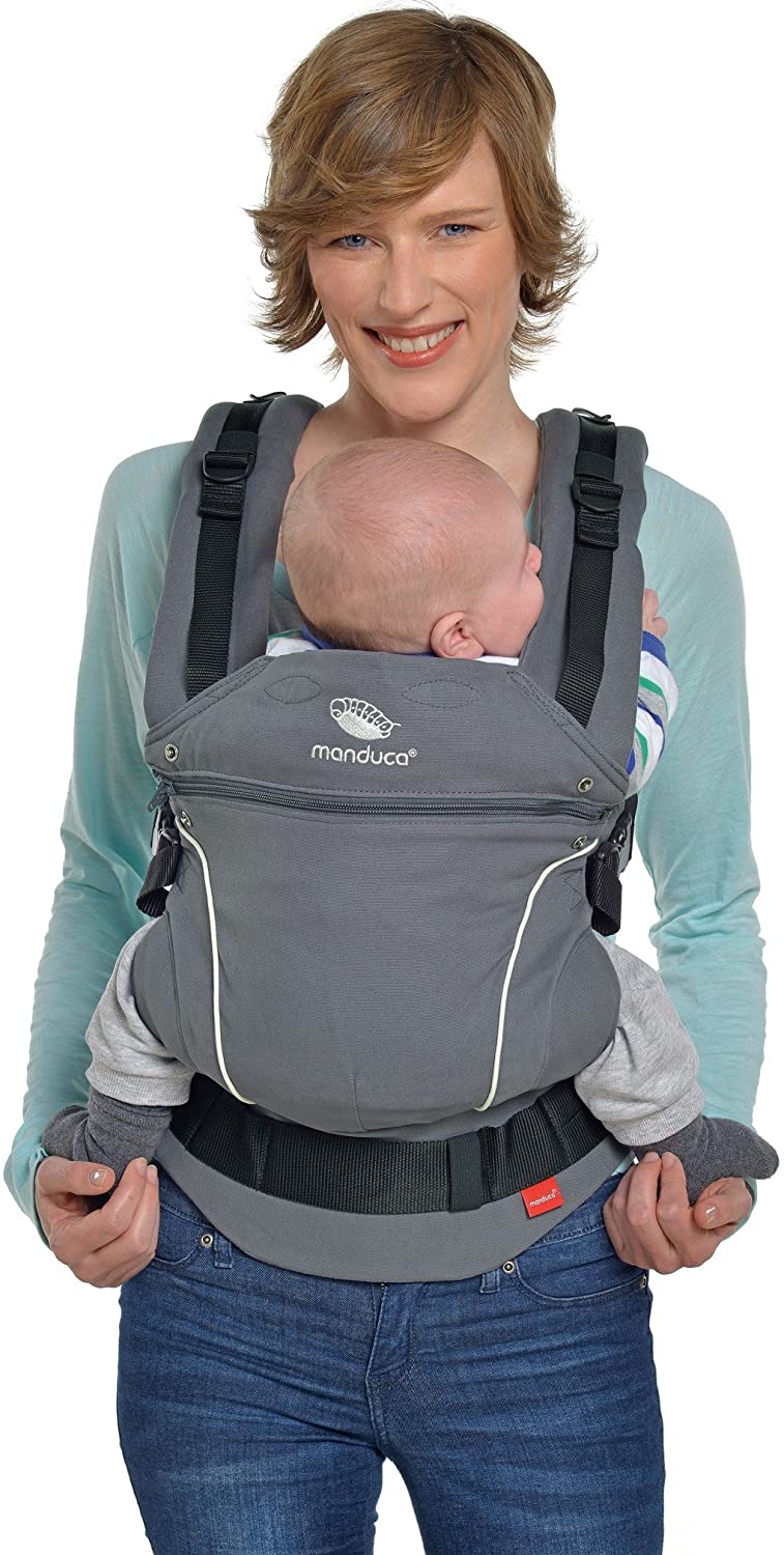 manduca First Baby Carrier > Pure Cotton < Carrinho de bebê ajustável e versátil de recém-nascido a criança (3,5 até 20 kg), 3 posições (frente, quadril e costas), fabricado na Europa (PureCotton, Darkgrey)