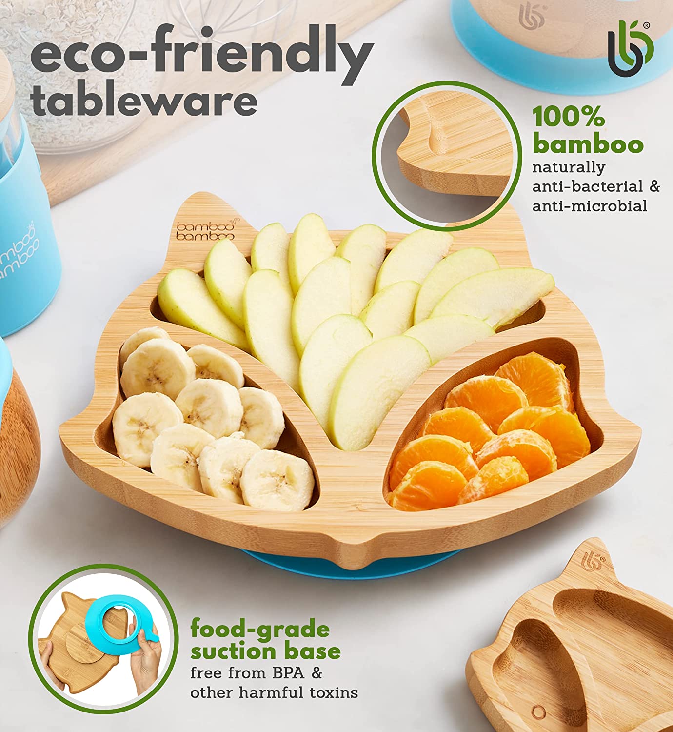 bamboo bamboo Placa de Bambu para Bebês – Crianças e Crianças com Ventosa para Bebês | Não Tóxico | Legal ao toque | Ideal para Baby-Led Weaning (Fox, Azul)