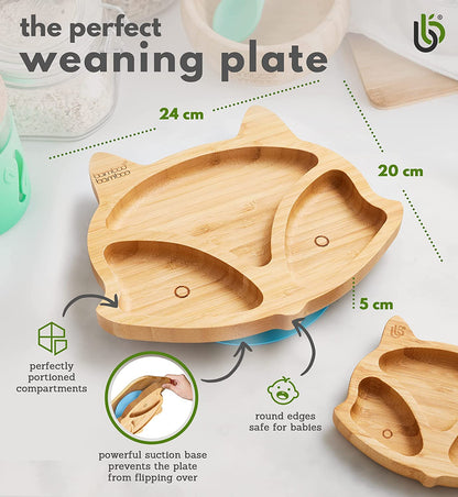 bamboo bamboo Placa de Bambu para Bebês – Crianças e Crianças com Ventosa para Bebês | Não Tóxico | Legal ao toque | Ideal para Baby-Led Weaning (Fox, Azul)