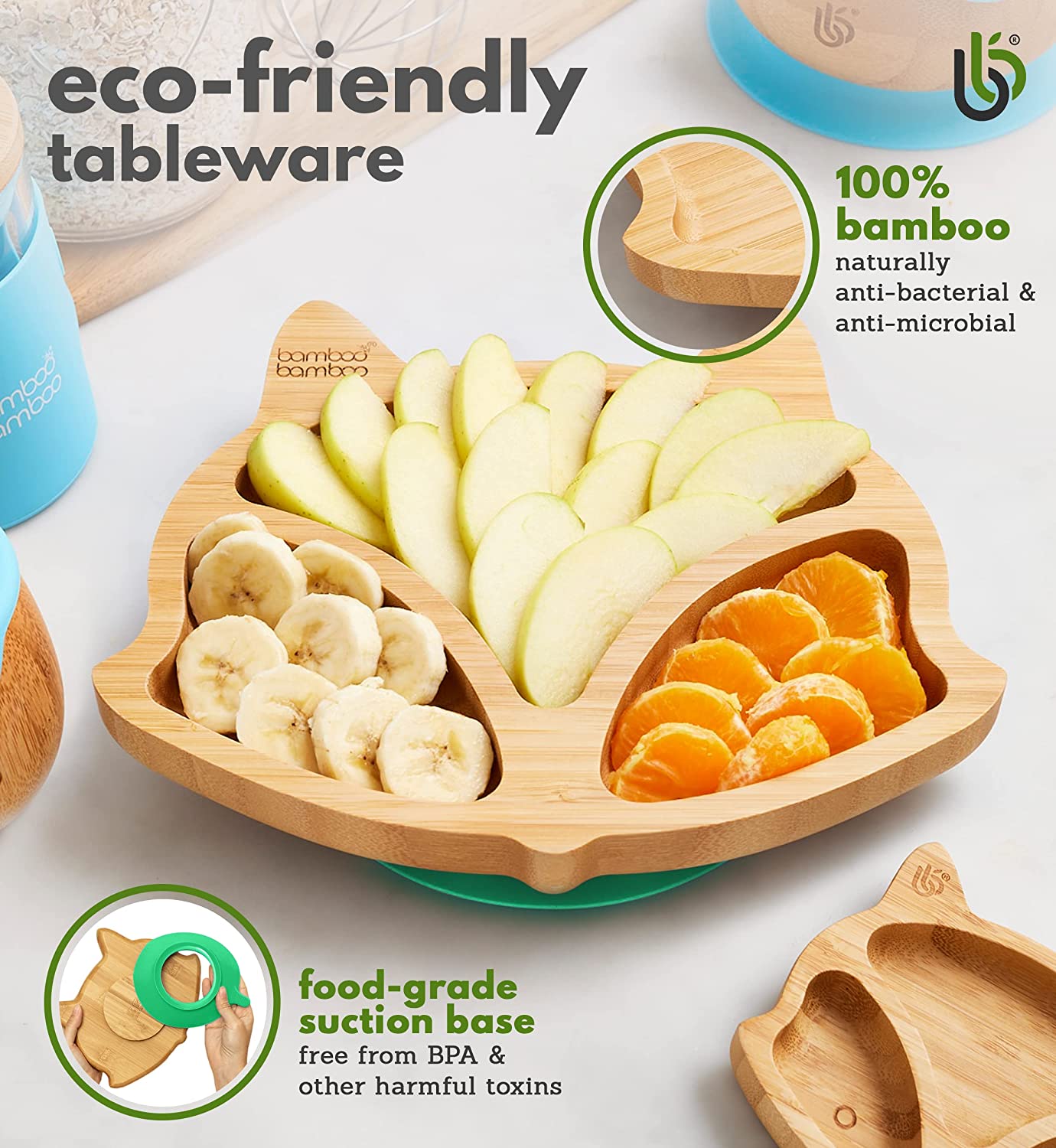 bamboo bamboo Placa de Bambu para Bebês – Crianças e Crianças com Ventosa para Bebês | Não Tóxico | Legal ao toque | Ideal para Baby-Led Weaning (Fox, Orange)