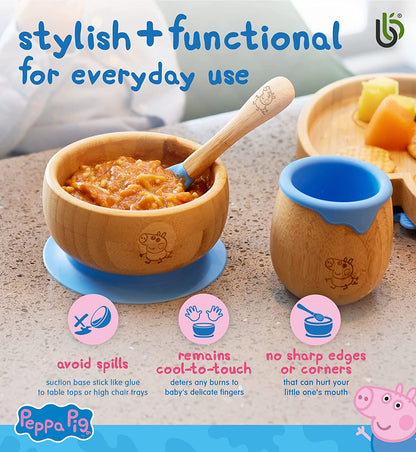 Peppa Pig de Sucção Tigela para Bebê -Bebê de Tigela e Colher para Conjunto de Bambu com Ventosa de Silicone Removível para Crianças | 350ml | Não Tóxico | Legal ao toque | Ideal para Baby-Led Weaning (George Pig)