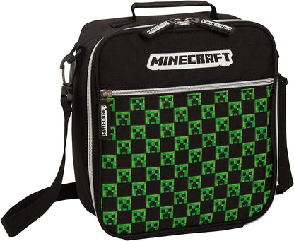 Fiambrera Minecraft con bolsillo frontal, cremallera extraíble, correa para el hombro, caja de almuerzo aislada para adultos y niños, Creeper Gamer School