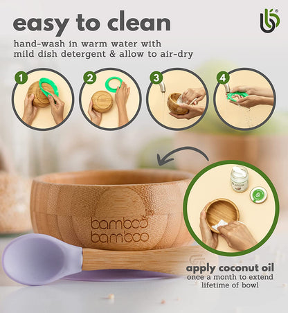 bamboo bamboo de Sucção Tigela para Bebê de Bambu de Colher e Tigela Conjunto com Ventosa de Silicone Removível para Crianças | 350ml | Não Tóxico | Legal ao toque | Ideal para Baby-Led Weaning