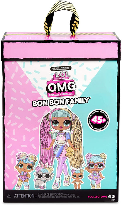 Familia LOL Surprise OMG Bon Bon con más de 45 sorpresas que incluyen Candylicious OMG Doll, Bon Bon, Bling Bon Bon, Lil Bon Bon, Hop Hop, accesorios y juego plegable 