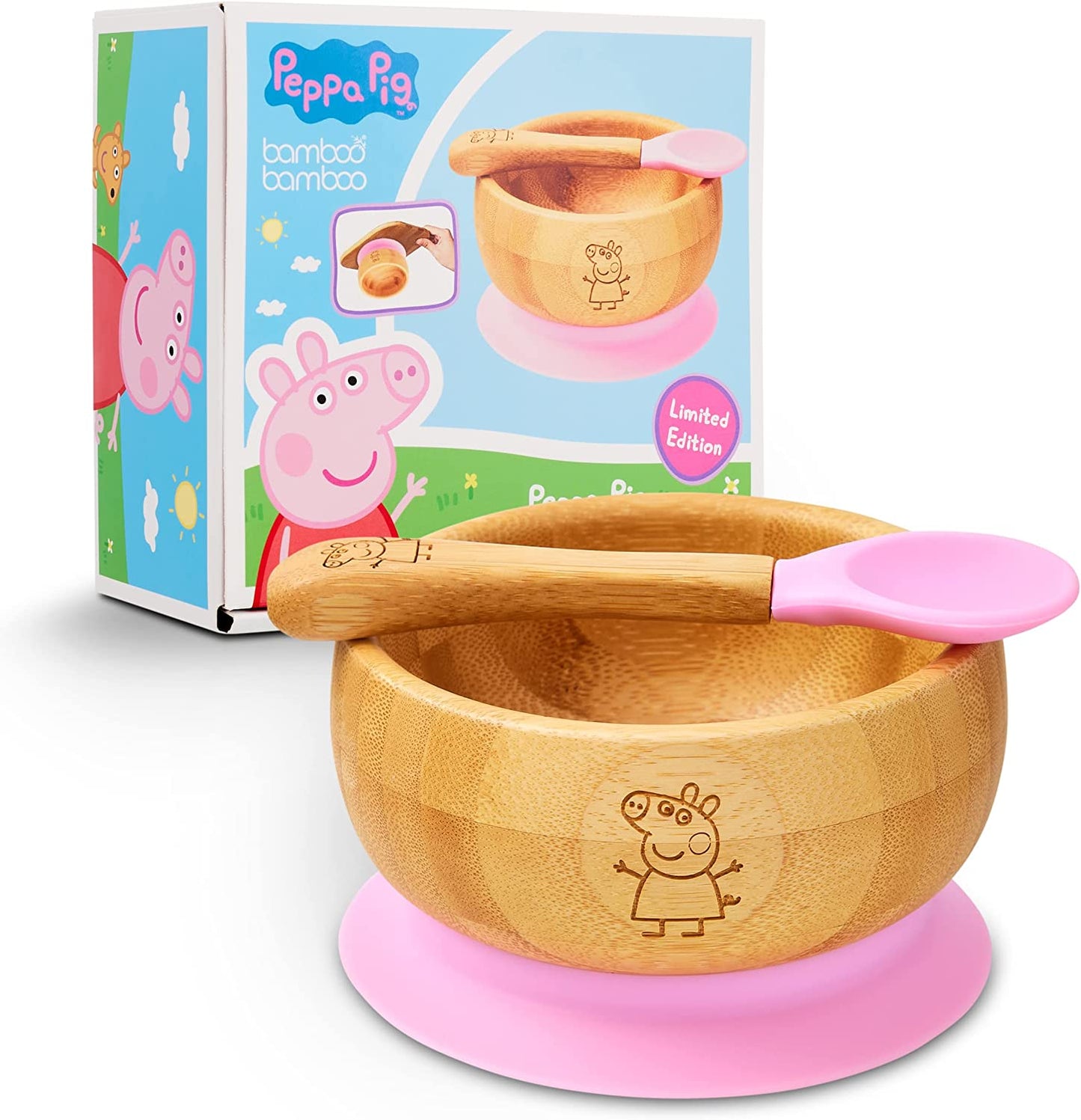 Peppa Pig para Bebê de Sucção Tigela – de Bambu Bebê com Ventosa de Silicone Removível de Tigela e Colher para Conjunto para Crianças| 350ml | Não Tóxico | Legal ao toque | Ideal para Baby-Led Weaning (Peppa Pig)