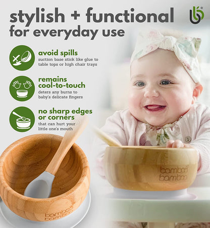 bamboo bamboo de Sucção Tigela para Bebê de Bambu de Colher e Tigela Conjunto com Ventosa de Silicone Removível para Crianças | 350ml | Não Tóxico | Legal ao toque | Ideal para Baby-Led Weaning