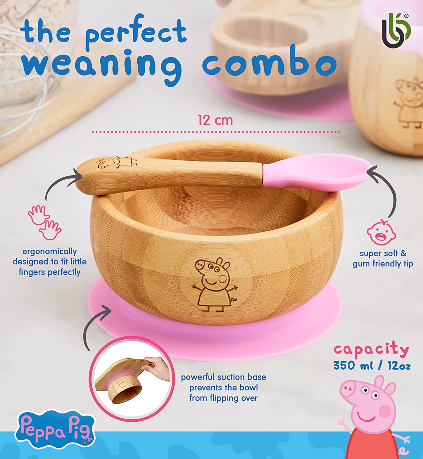 Peppa Pig para Bebê de Sucção Tigela – de Bambu Bebê com Ventosa de Silicone Removível de Tigela e Colher para Conjunto para Crianças| 350ml | Não Tóxico | Legal ao toque | Ideal para Baby-Led Weaning (Peppa Pig)