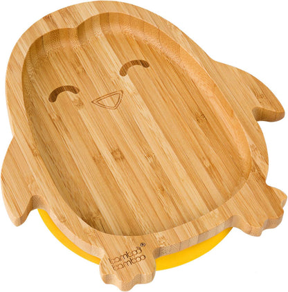 bamboo bamboo de Bambu para Bebês Placa – Crianças e Crianças com Ventosa para Bebês | Não Tóxico | Legal ao toque | Ideal para Baby-Led Weaning (Penguin, Amarelo)