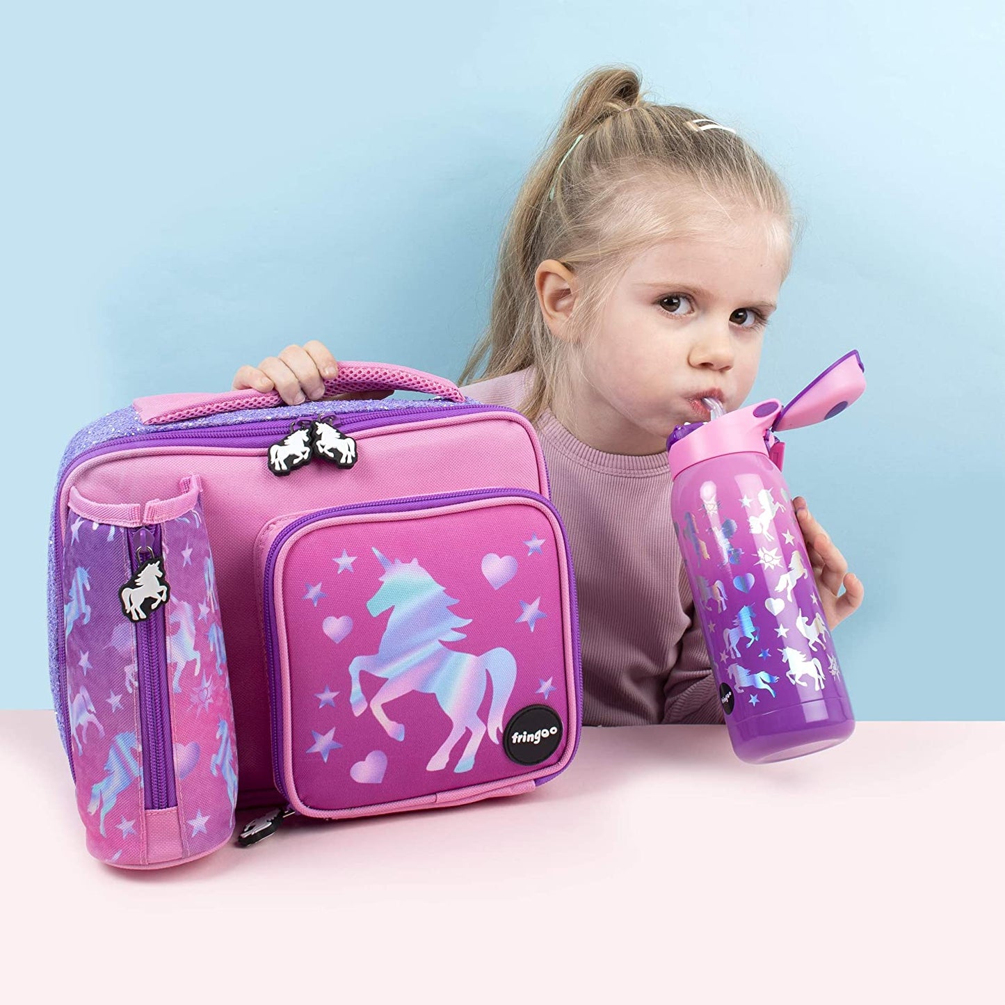 Fringoo - de grande capacidade crianças de almoço quadrado para Saco| Pequena bolsa legal lancheira para crianças | Perfeito como lancheira escolar para Meninas - Unicórnio Ombre