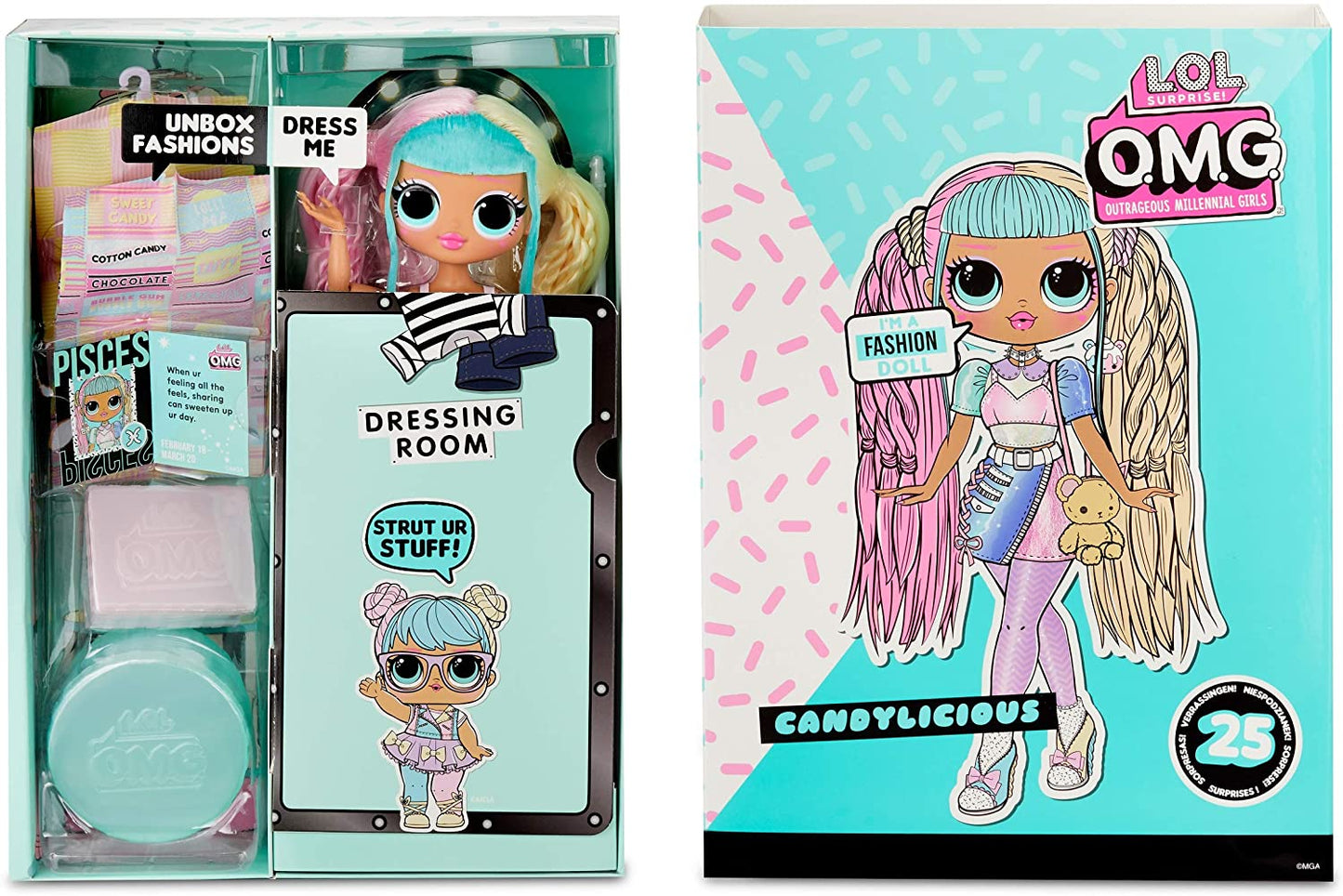 Familia LOL Surprise OMG Bon Bon con más de 45 sorpresas que incluyen Candylicious OMG Doll, Bon Bon, Bling Bon Bon, Lil Bon Bon, Hop Hop, accesorios y juego plegable 