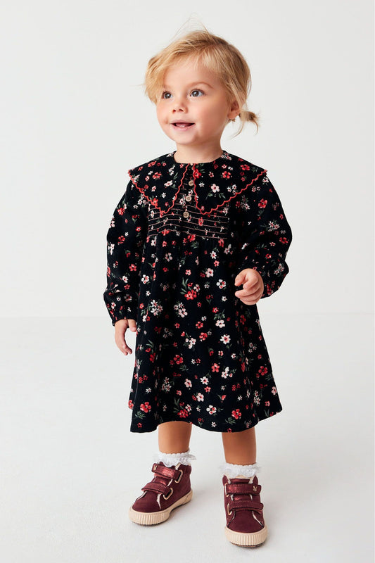 |BabyGirl| Vestido com Gola de Cordão Franzido Floral - Preto (3meses-7anos)