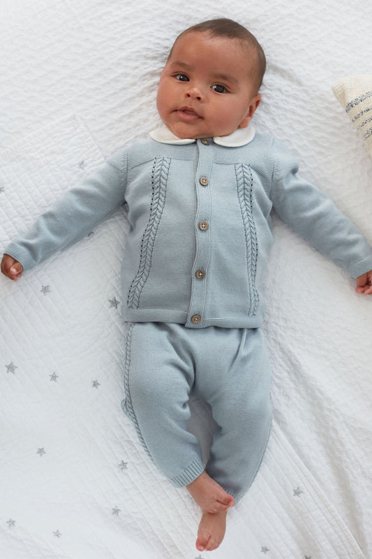 |Bebé| Conjunto Cardigan con Cuello y Leggings Punto Fino / Celeste - (0meses-2años)