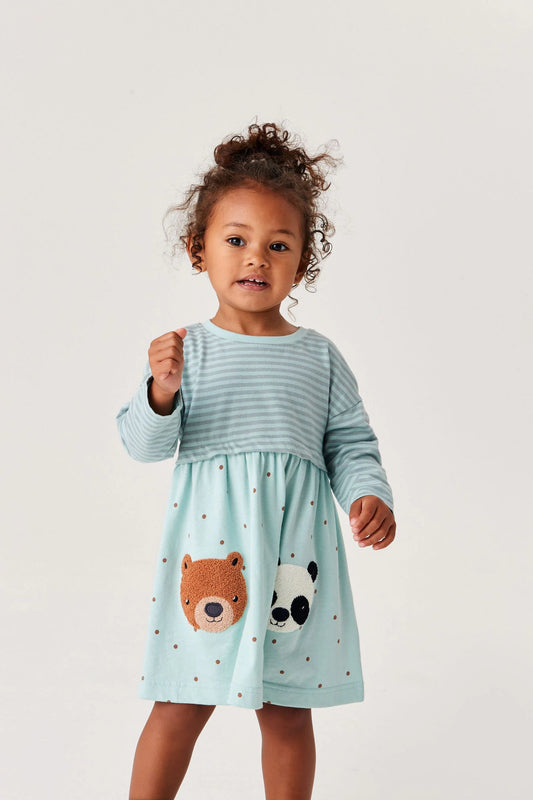 |BabyGirl| Vestido Manga Longa Urso - Verde (3meses-7anos)