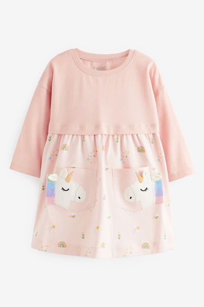 |Niña| Vestido de manga larga con diseño de unicornio - Rosa (3 meses-7 años)