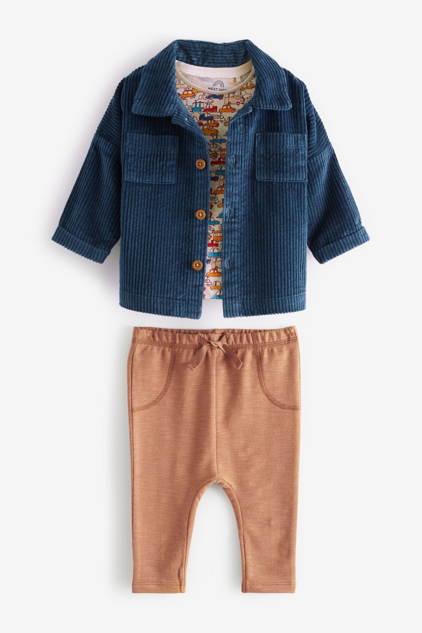 |BabyBoy| Conjunto de Camisa, Camiseta e Calça Jogger de 3 peças / Azul/Marrom  - (0meses-2anos)