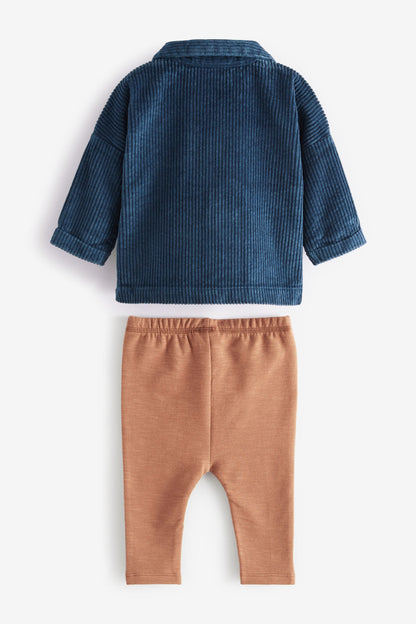 |BabyBoy| Conjunto de Camisa, Camiseta e Calça Jogger de 3 peças / Azul/Marrom  - (0meses-2anos)