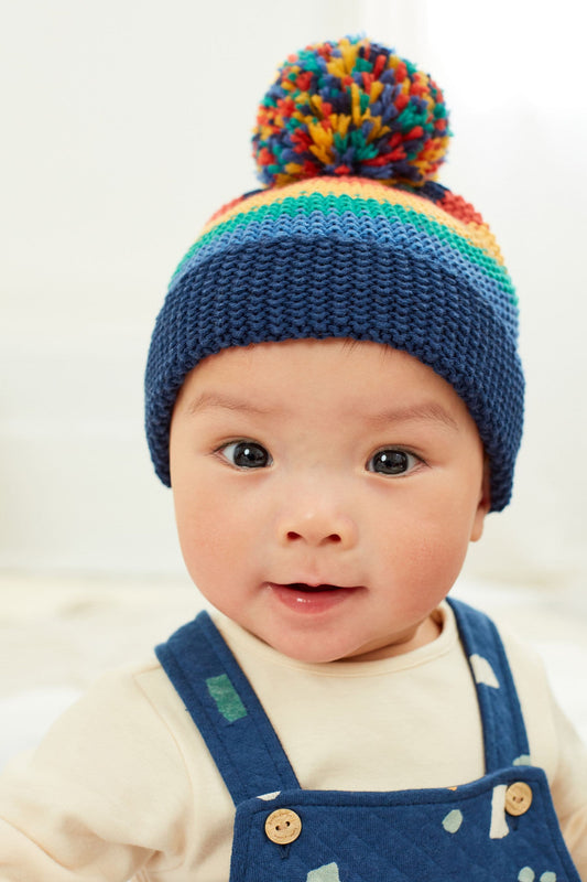 |Bebé| Gorro con pompón de rejilla / Azul arcoiris - (0 meses-2 años)