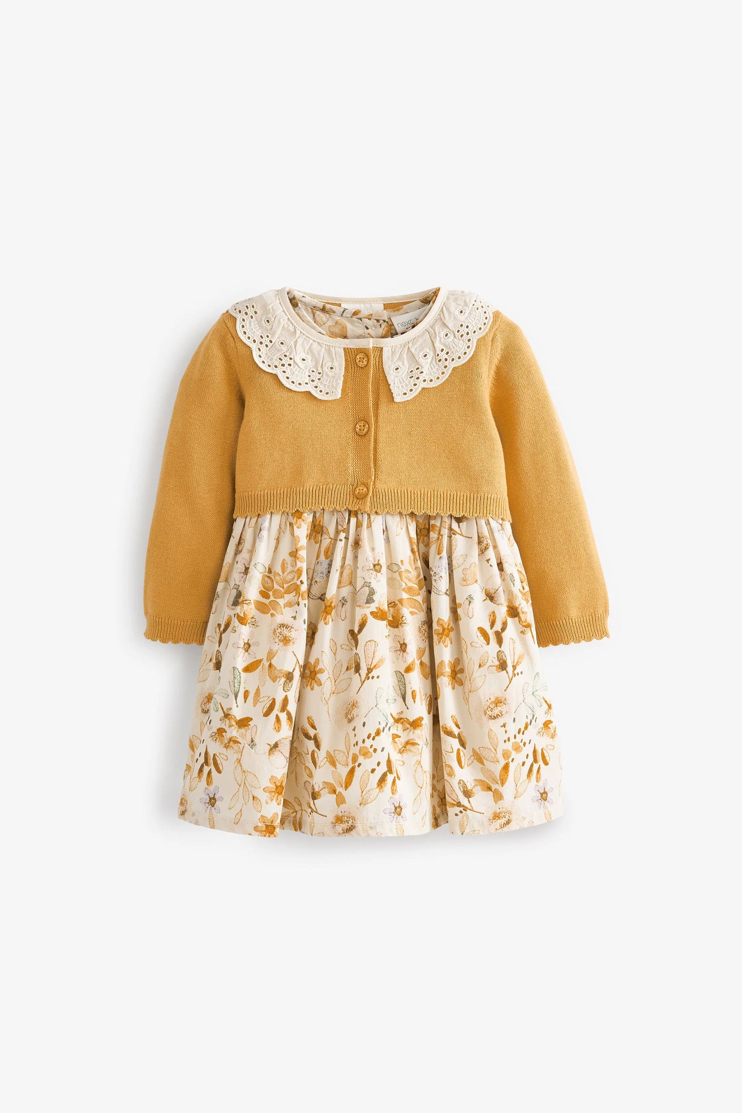 Meu Primeiro Guarda-Roupas - Vestido floral Amarelo ocre/creme com cardigam