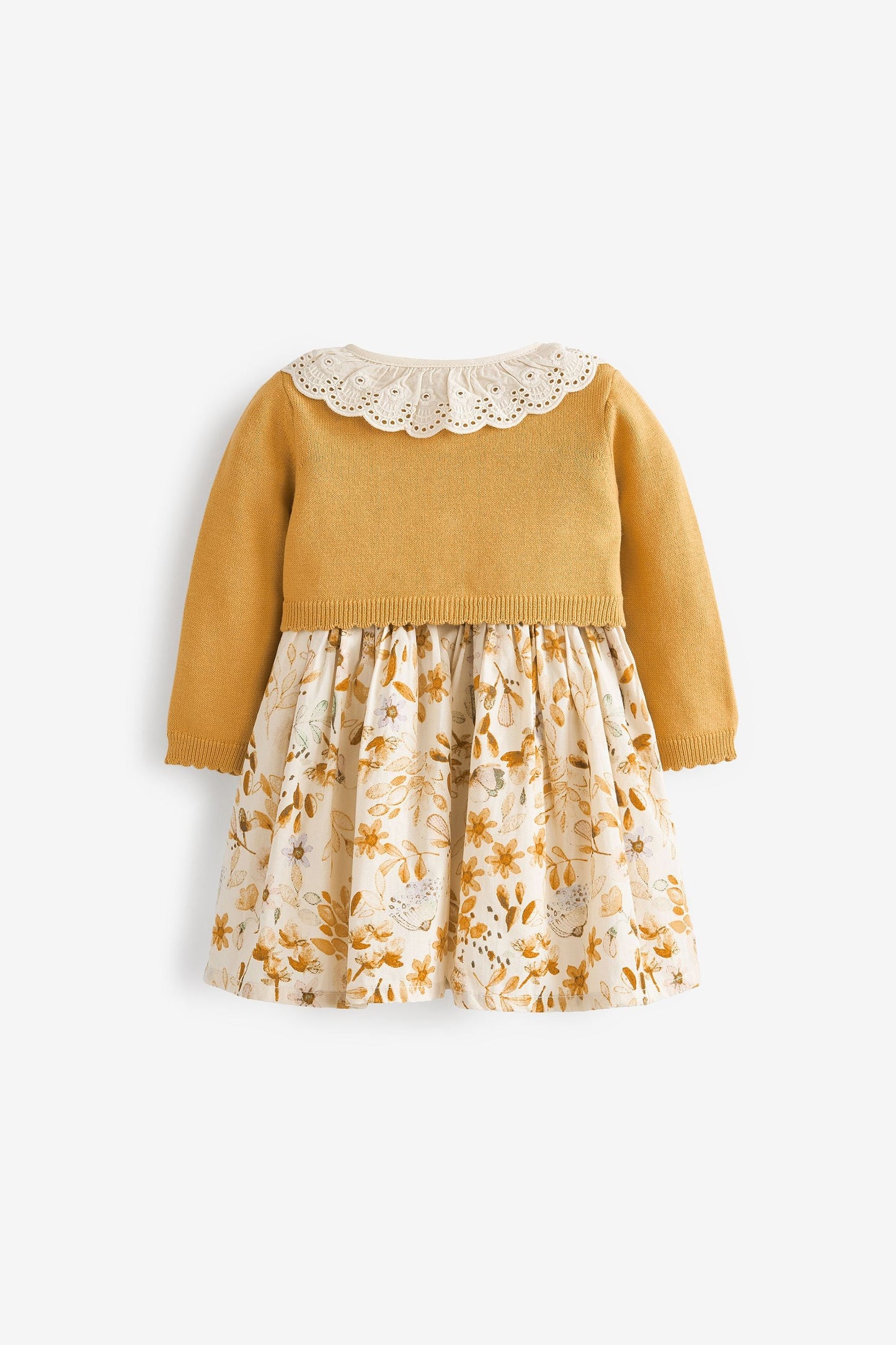 Meu Primeiro Guarda-Roupas - Vestido floral Amarelo ocre/creme com cardigam