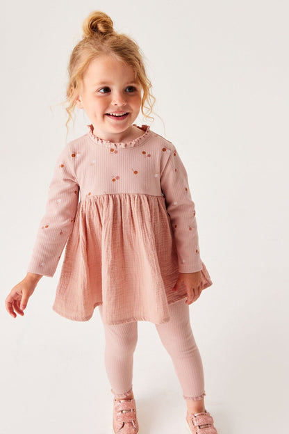 |Niña| Conjunto de vestido y leggings de punto de canalé - Rosa brillante (3 meses-7 años)