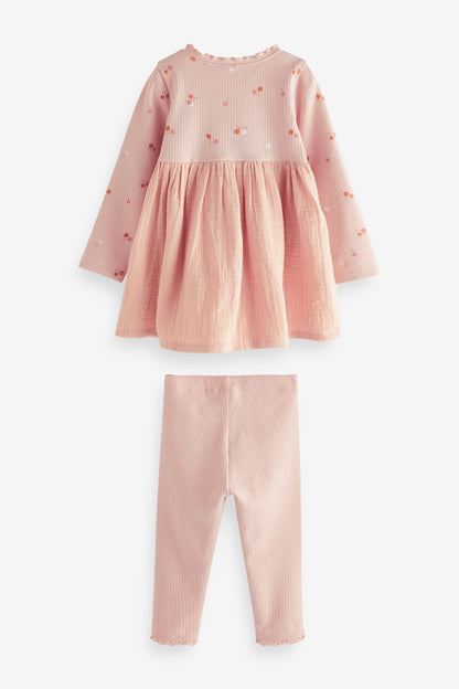 |Niña| Conjunto de vestido y leggings de punto de canalé - Rosa brillante (3 meses-7 años)