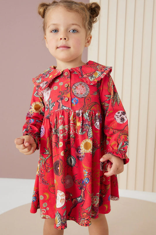 |BabyGirl| Vestido de Chá com Gola Flores - Vermelho - (3meses-7anos)