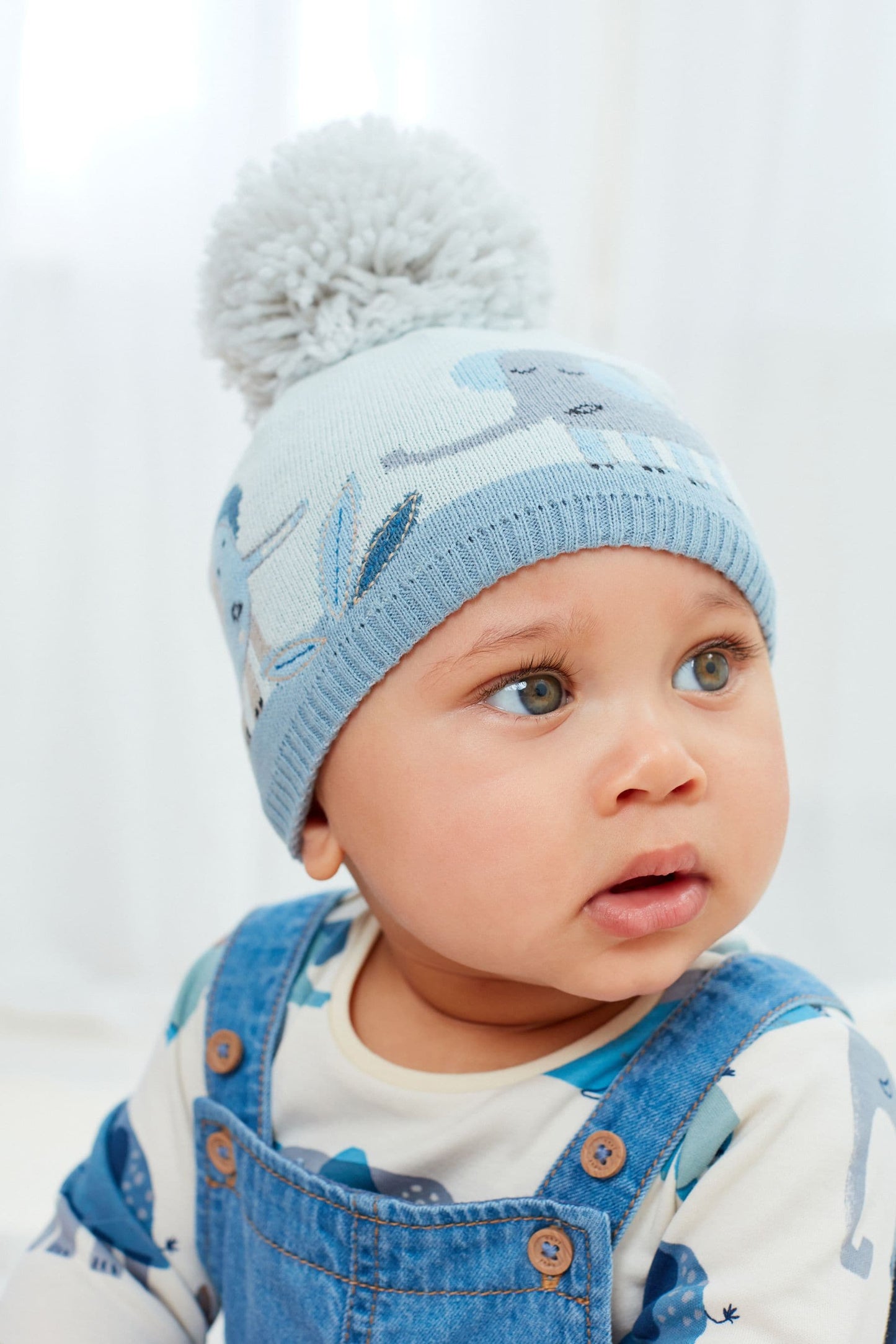 |Bebé| Gorro de punto con pompones / Elefante Azul - (0 meses-2 años)