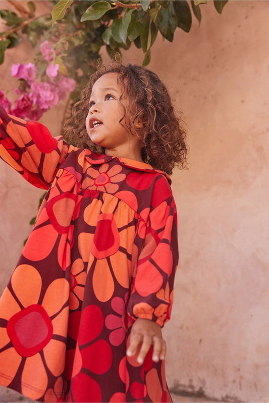 |Niña| Vestido de té con cuello de flores - Naranja/Rojo - (3 meses-7 años)