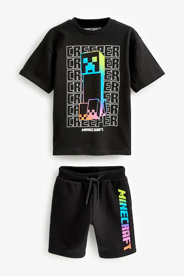 |Niño| Conjunto de camiseta y pantalones cortos con licencia de manga corta - Minecraft negro/arcoíris (edades de 3 a 16 años)