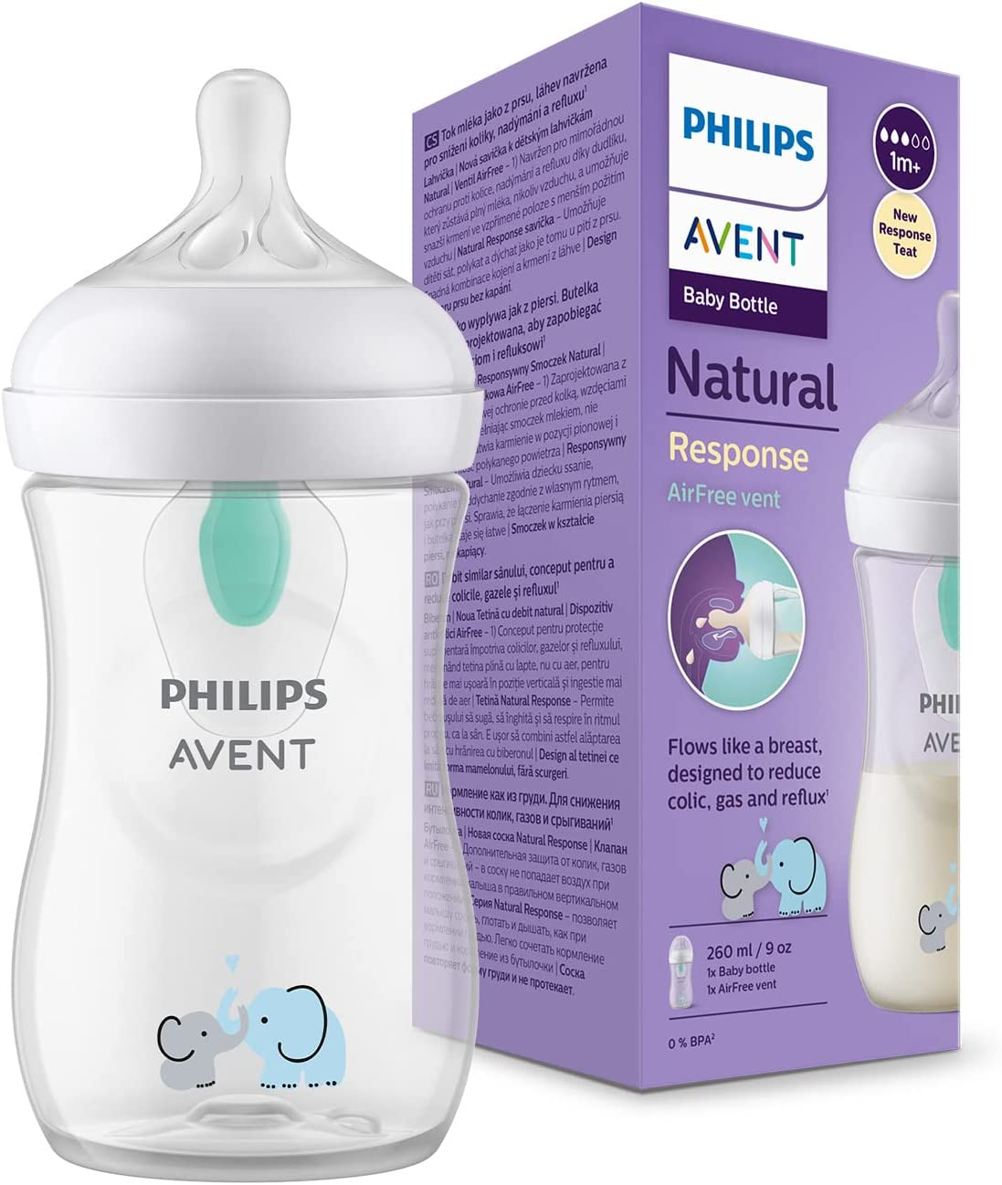 Philips  Mamadeira Avent Natural Response - mamadeira de 260 ml para leite com ventilação AirFree, sem BPA para bebês recém-nascidos com mais de 1 mês (modelo SCY673/01)